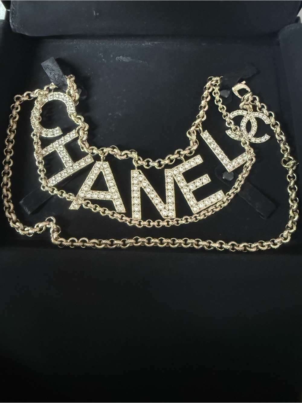 CHANEL Gold Crystal Logo Chain Belt